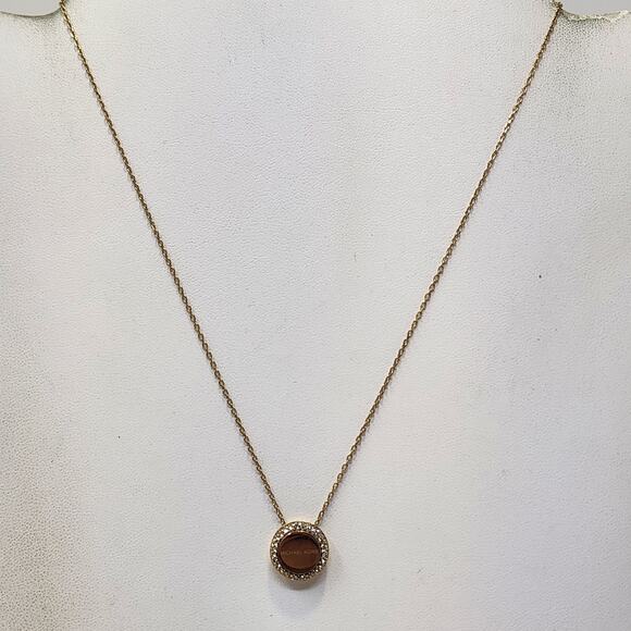 Michael Kors Logo Crystal Pave Round Pendant Chain Necklace Gold Tone Adjustable - Picture 2 of 7